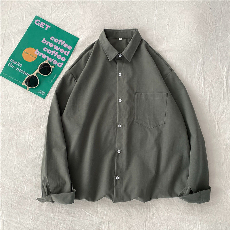 Cămașă, stil cardigan coreean, culoare solidă, mâneci lungi, guler polo, croială lejeră (poliesters, culoare solidă, mâneci lungi, guler polo, croială lejeră)