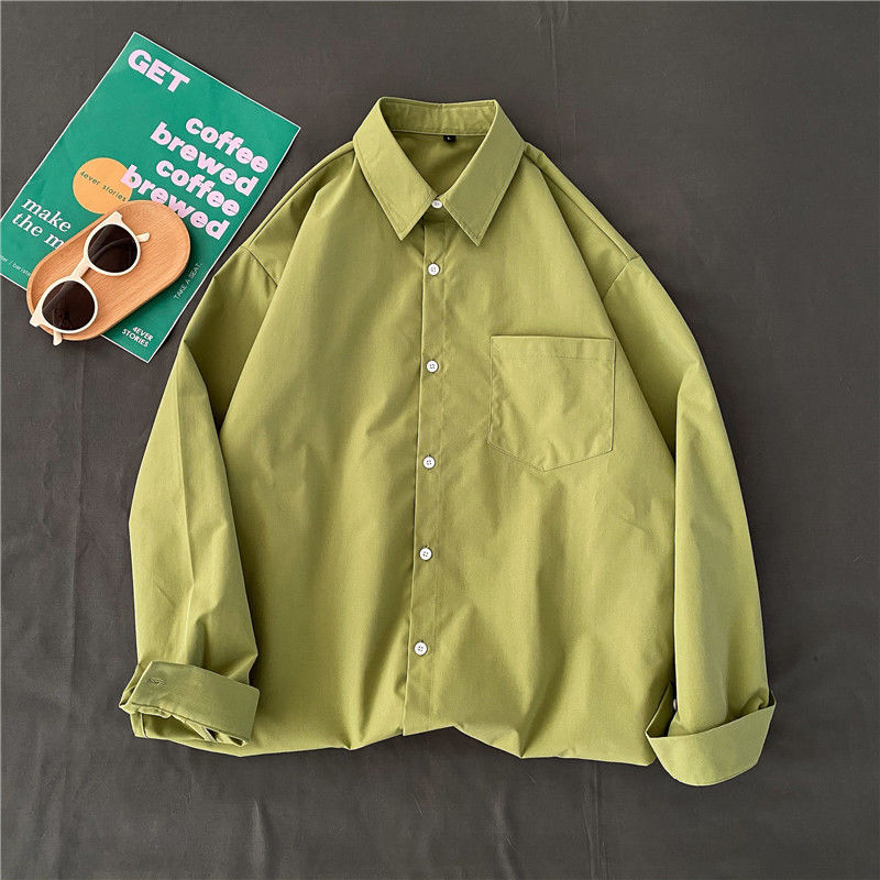 Cămașă, stil cardigan coreean, culoare solidă, mâneci lungi, guler polo, croială lejeră (poliesters, culoare solidă, mâneci lungi, guler polo, croială lejeră)