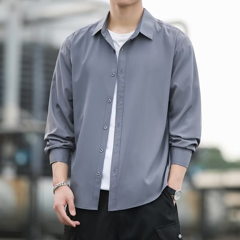 Muška košulja s dugim rukavima, Slim Fit, bez glačanja, kvadratni ovratnik, korejski stil, Milk Silk