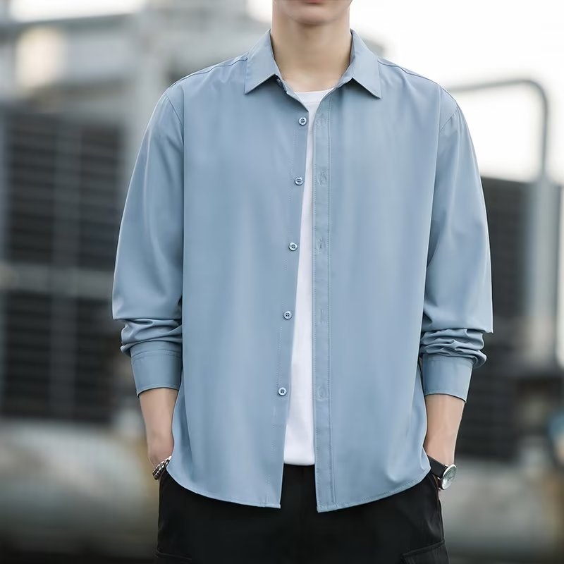 Muška košulja s dugim rukavima, Slim Fit, bez glačanja, kvadratni ovratnik, korejski stil, Milk Silk