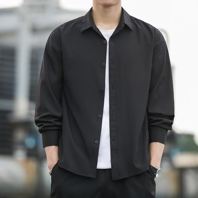 Muška košulja s dugim rukavima, Slim Fit, bez glačanja, kvadratni ovratnik, korejski stil, Milk Silk