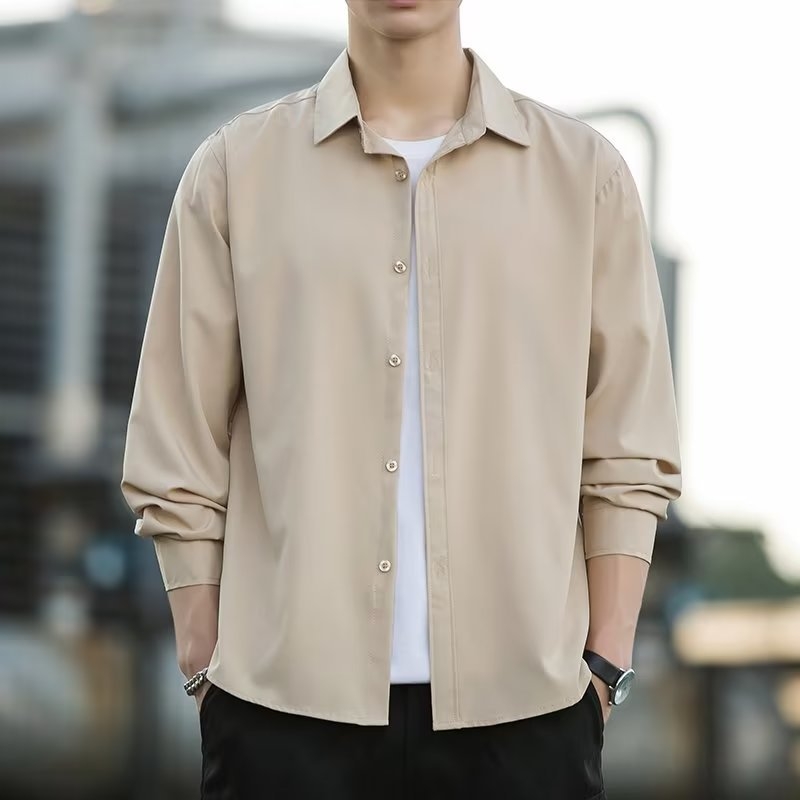 Muška košulja s dugim rukavima, Slim Fit, bez glačanja, kvadratni ovratnik, korejski stil, Milk Silk