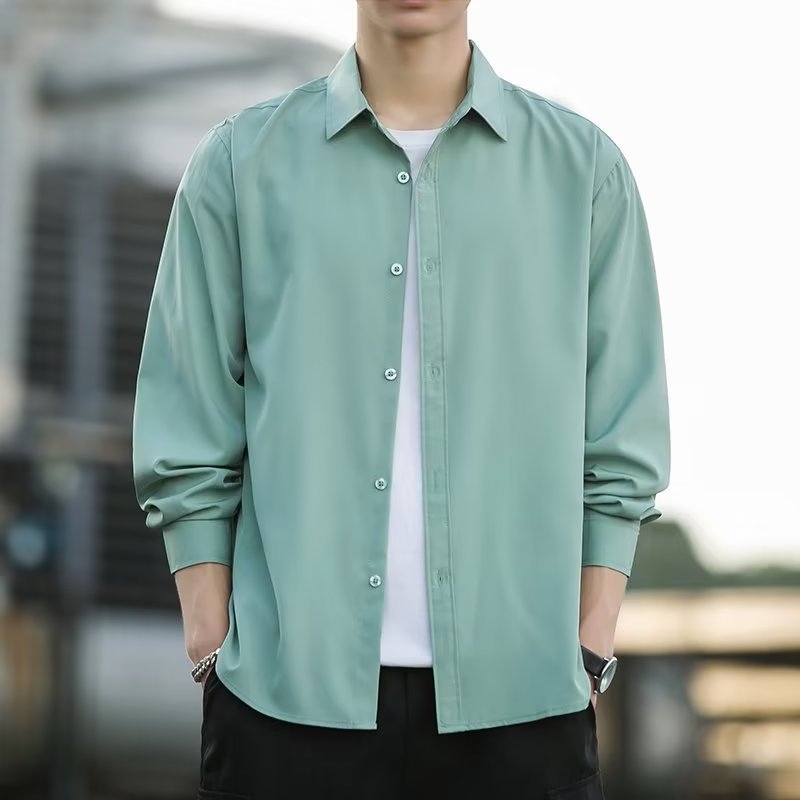 Muška košulja s dugim rukavima, Slim Fit, bez glačanja, kvadratni ovratnik, korejski stil, Milk Silk