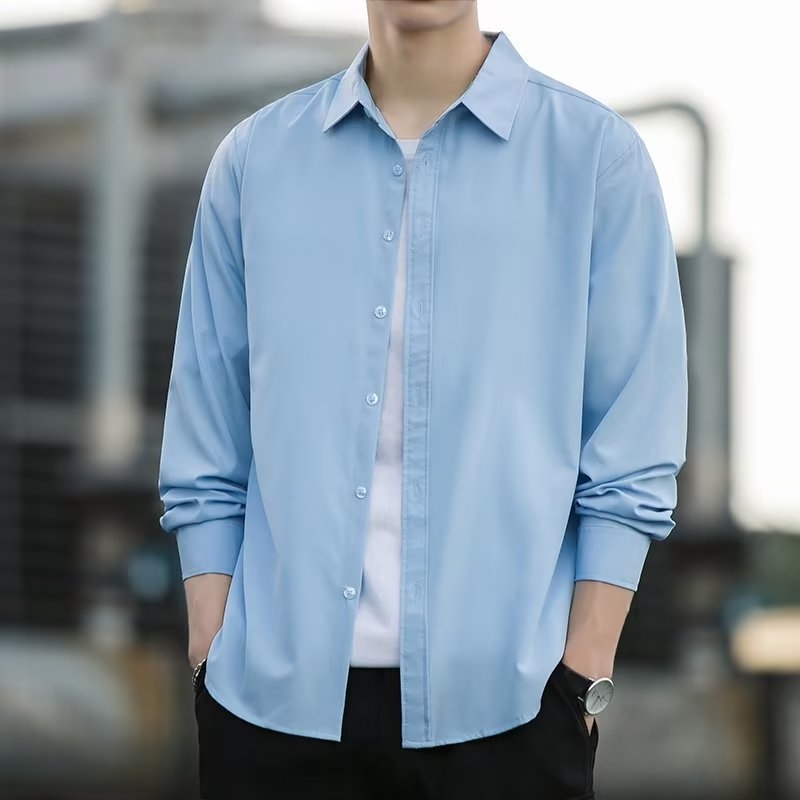 Muška košulja s dugim rukavima, Slim Fit, bez glačanja, kvadratni ovratnik, korejski stil, Milk Silk
