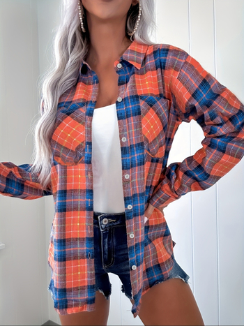 Cămașă cu model în carouri, material poliester-bumbac, mâneci lungi, guler cu rever, croială lejeră