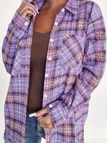 Cămașă cu model în carouri, material poliester-bumbac, mâneci lungi, guler cu rever, croială lejeră