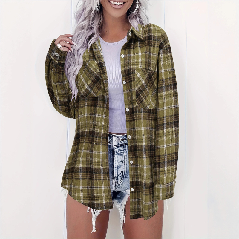 Cămașă cu model în carouri, material poliester-bumbac, mâneci lungi, guler cu rever, croială lejeră