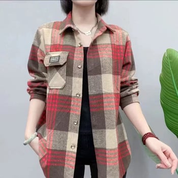 Ženska vunena karirana košulja-jakna, srednje duljine, širokog kroja, casual stil, veća veličina