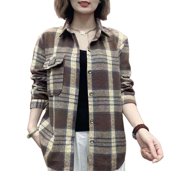 Ženska vunena karirana košulja-jakna, srednje duljine, širokog kroja, casual stil, veća veličina