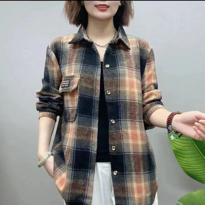 Ženska vunena karirana košulja-jakna, srednje duljine, širokog kroja, casual stil, veća veličina