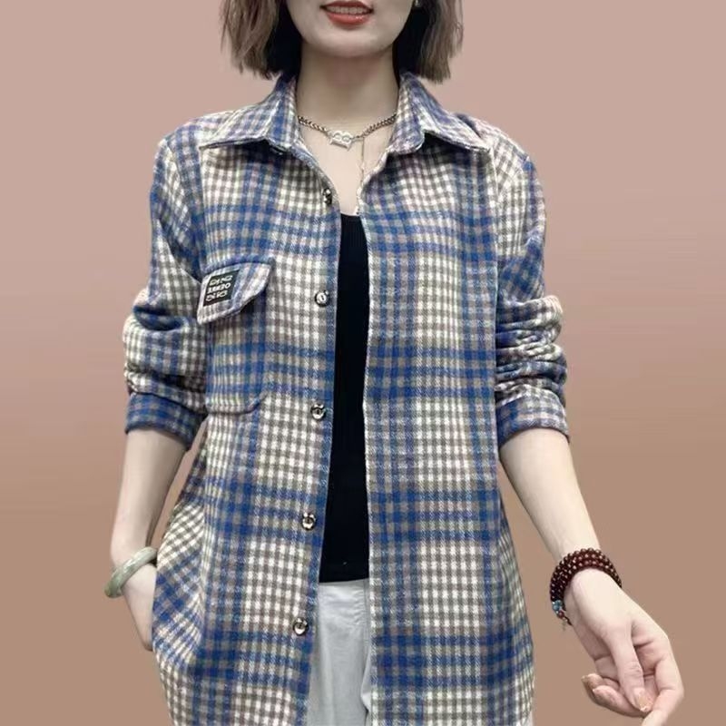 Ženska vunena karirana košulja-jakna, srednje duljine, širokog kroja, casual stil, veća veličina