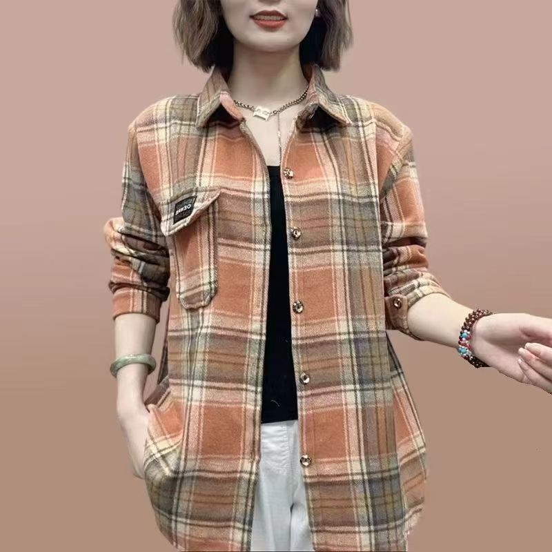 Ženska vunena karirana košulja-jakna, srednje duljine, širokog kroja, casual stil, veća veličina