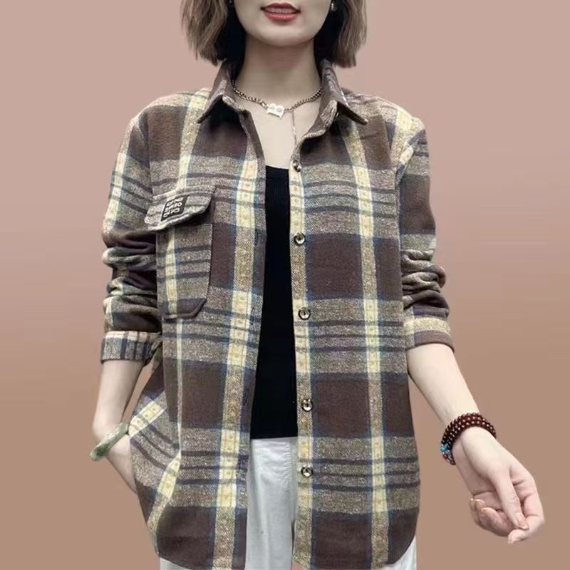 Ženska vunena karirana košulja-jakna, srednje duljine, širokog kroja, casual stil, veća veličina