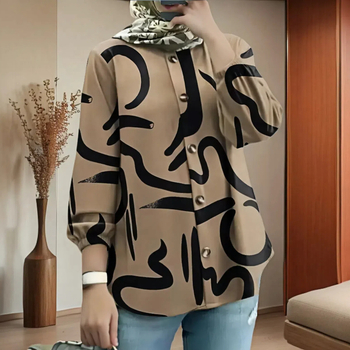Ženska bluza plus veličine, labav kroj, dugi rukavi, okrugli izrez, poliester tkanina s geometrijskim uzorkom