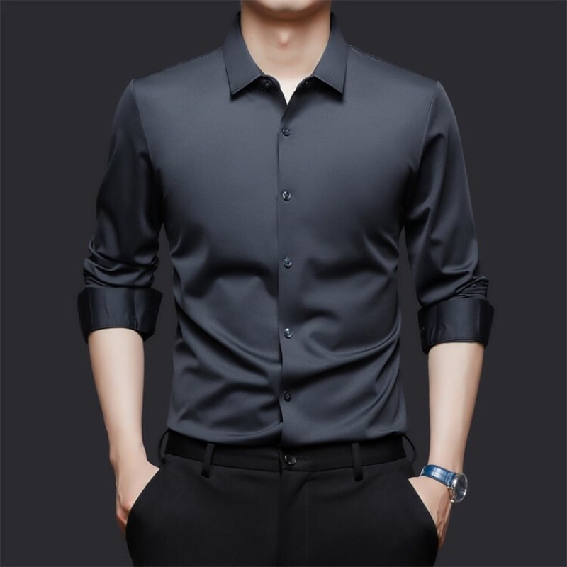 Muška košulja slim-fit s dugim rukavima, rever ovratnik, Ice Silk poliester
