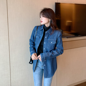 Cămașă-jachetă din denim cu căptușeală din fleece, guler polo, mâneci lungi, croială lejeră