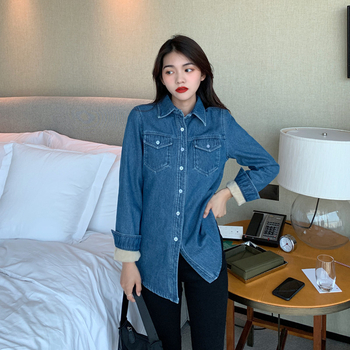 Cămașă-jachetă din denim cu căptușeală din fleece, guler polo, mâneci lungi, croială lejeră