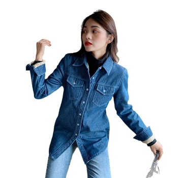 Cămașă-jachetă din denim cu căptușeală din fleece, guler polo, mâneci lungi, croială lejeră