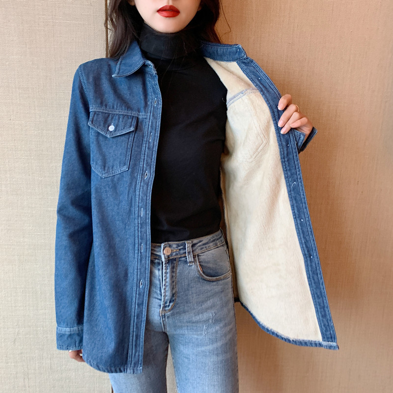 Cămașă-jachetă din denim cu căptușeală din fleece, guler polo, mâneci lungi, croială lejeră