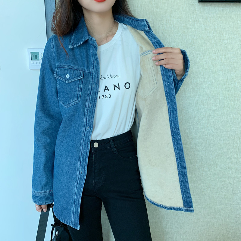 Cămașă-jachetă din denim cu căptușeală din fleece, guler polo, mâneci lungi, croială lejeră