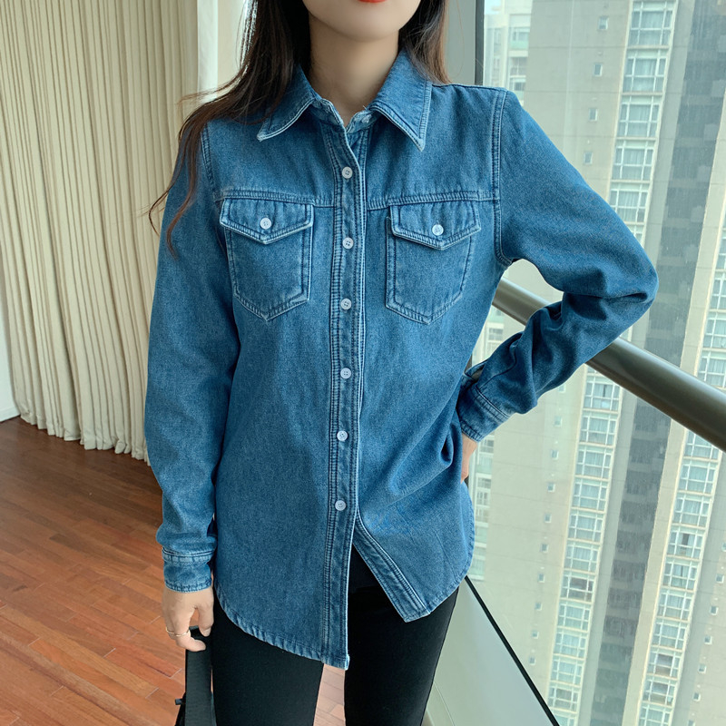 Cămașă-jachetă din denim cu căptușeală din fleece, guler polo, mâneci lungi, croială lejeră