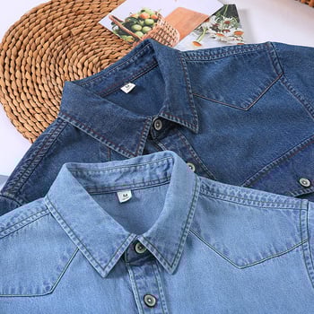 Мъжка риза в деним стил, Slim-fit, къс ръкав, яка с ревера, 100% памук