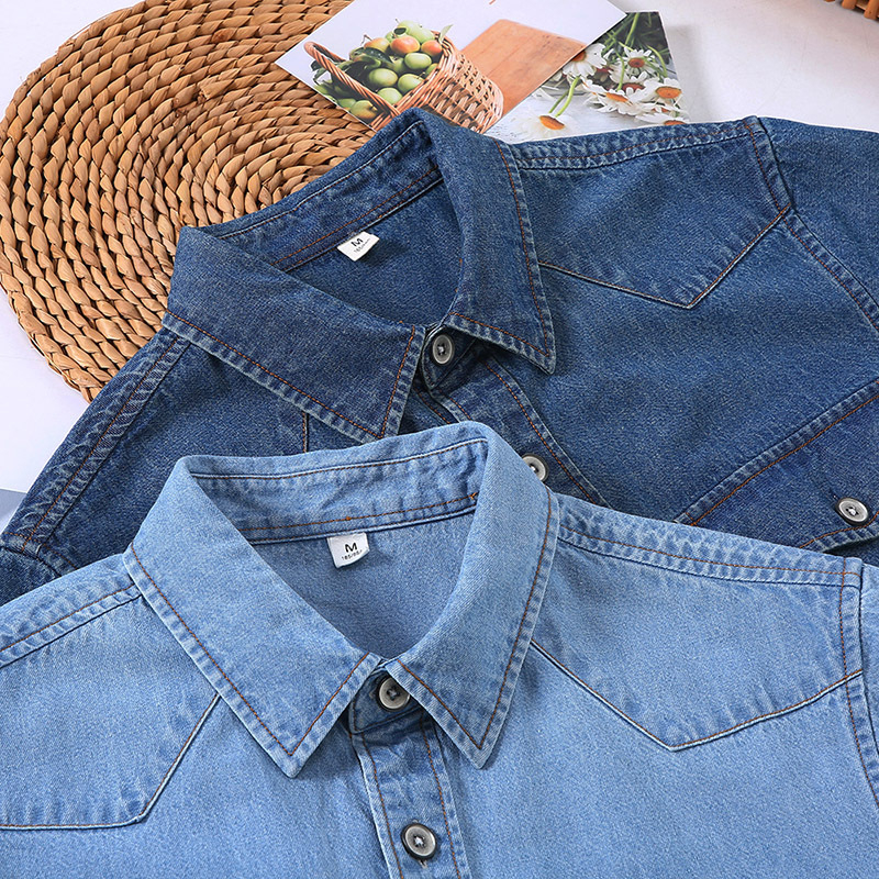 Мъжка риза в деним стил, Slim-fit, къс ръкав, яка с ревера, 100% памук