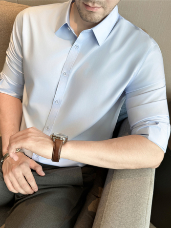 Риза Slim-fit, полиестер-модал смес, лацкан яка, дълги ръкави, есен 2025