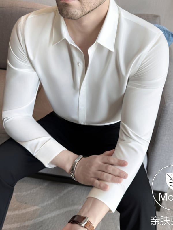 Риза Slim-fit, полиестер-модал смес, лацкан яка, дълги ръкави, есен 2025