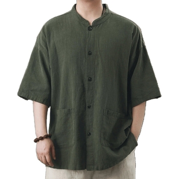 Cămașă pentru bărbați din cânepă, mâneci scurte, guler înalt, croială lejeră