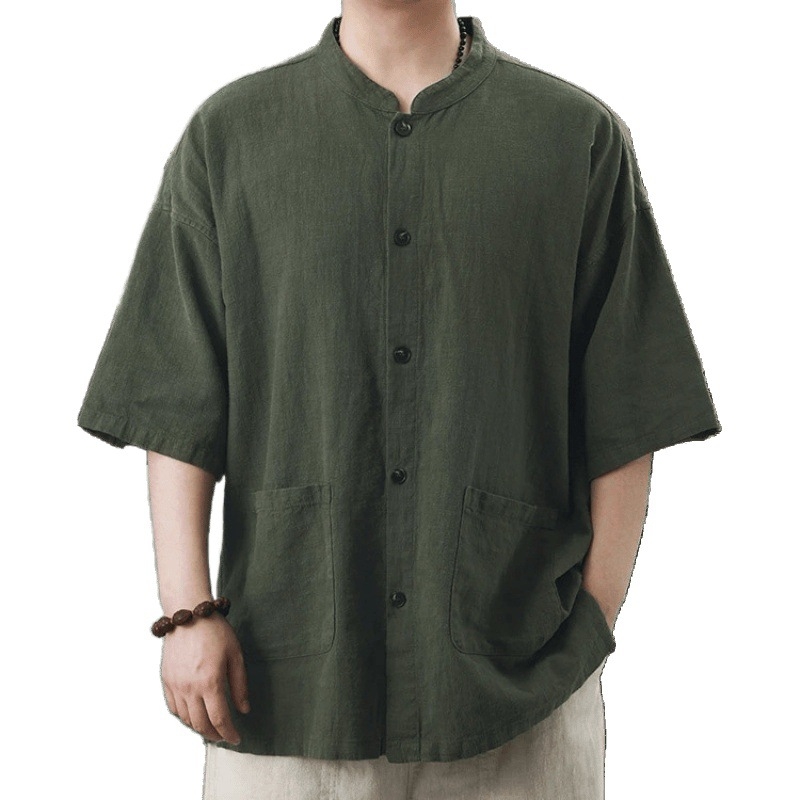 Cămașă pentru bărbați din cânepă, mâneci scurte, guler înalt, croială lejeră