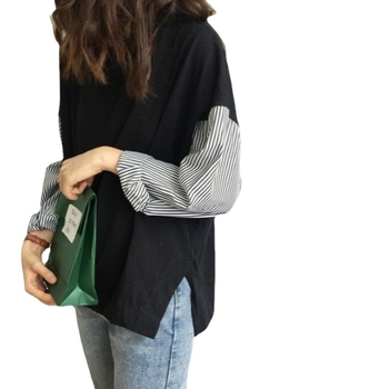 Ženska košulja korejskog stila geometrijski patchwork pruge dugi rukav okrugli ovratnik pamukova smjesa