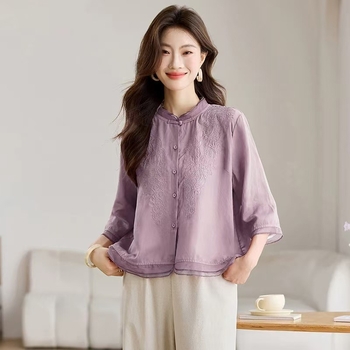 Košeľa z bavlny a ľanu, hlavný materiál: bavlna, 3/4 rukávy, stojací golier, voľný strih