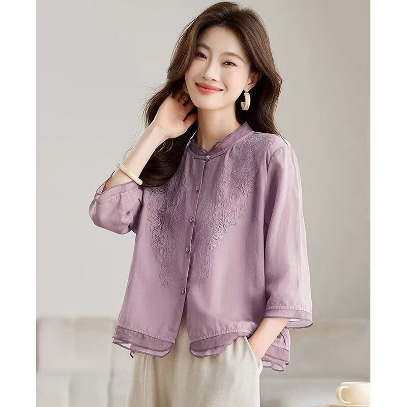 Košeľa z bavlny a ľanu, hlavný materiál: bavlna, 3/4 rukávy, stojací golier, voľný strih