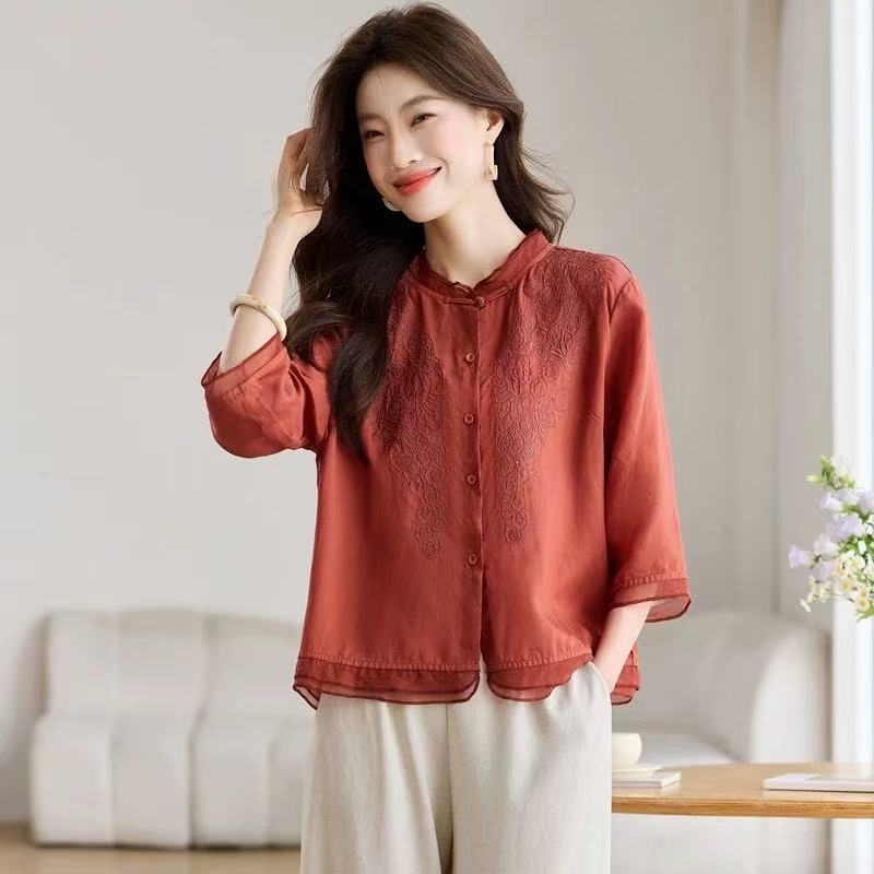 Košeľa z bavlny a ľanu, hlavný materiál: bavlna, 3/4 rukávy, stojací golier, voľný strih