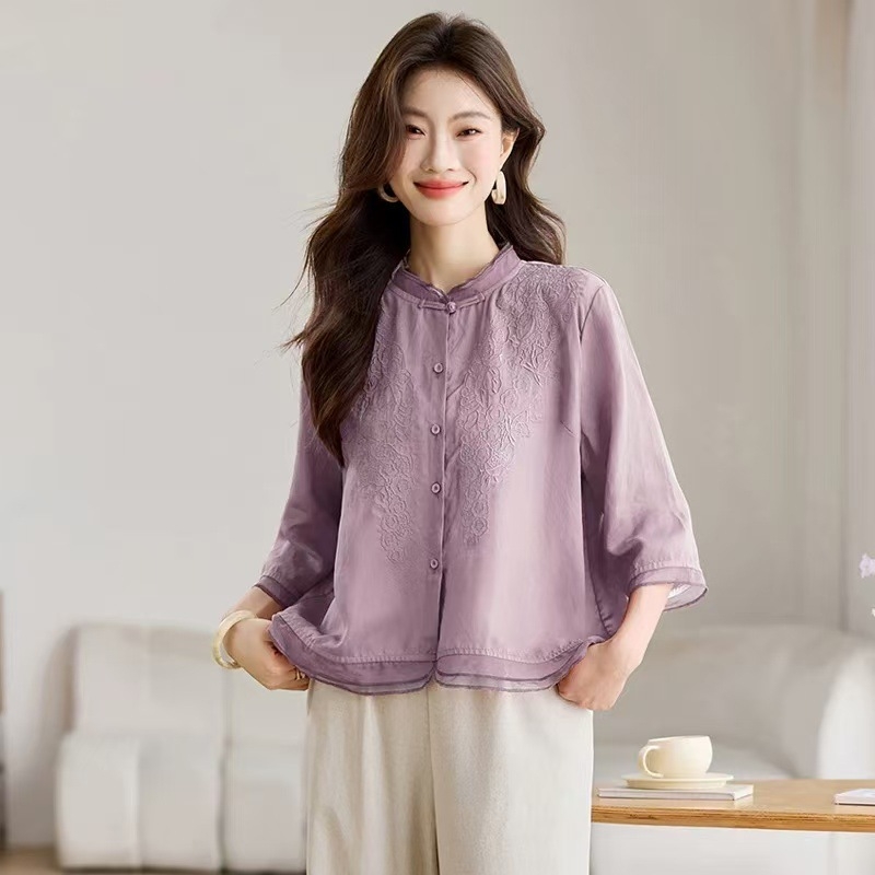 Košeľa z bavlny a ľanu, hlavný materiál: bavlna, 3/4 rukávy, stojací golier, voľný strih