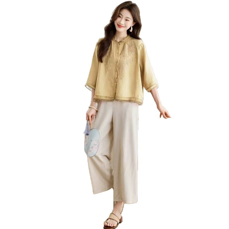 Košeľa z bavlny a ľanu, hlavný materiál: bavlna, 3/4 rukávy, stojací golier, voľný strih