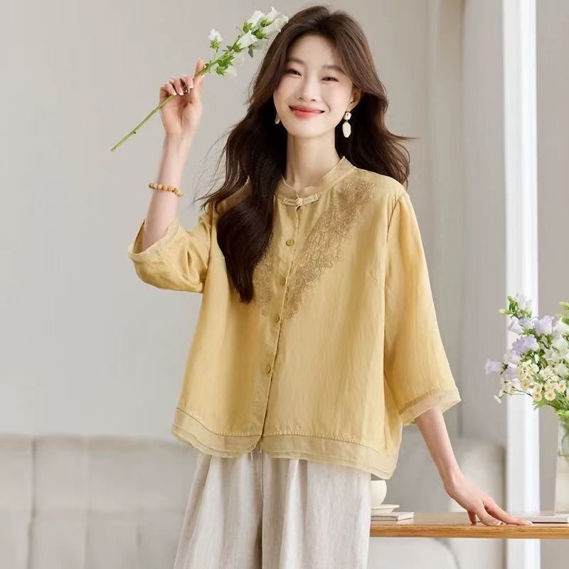 Košeľa z bavlny a ľanu, hlavný materiál: bavlna, 3/4 rukávy, stojací golier, voľný strih