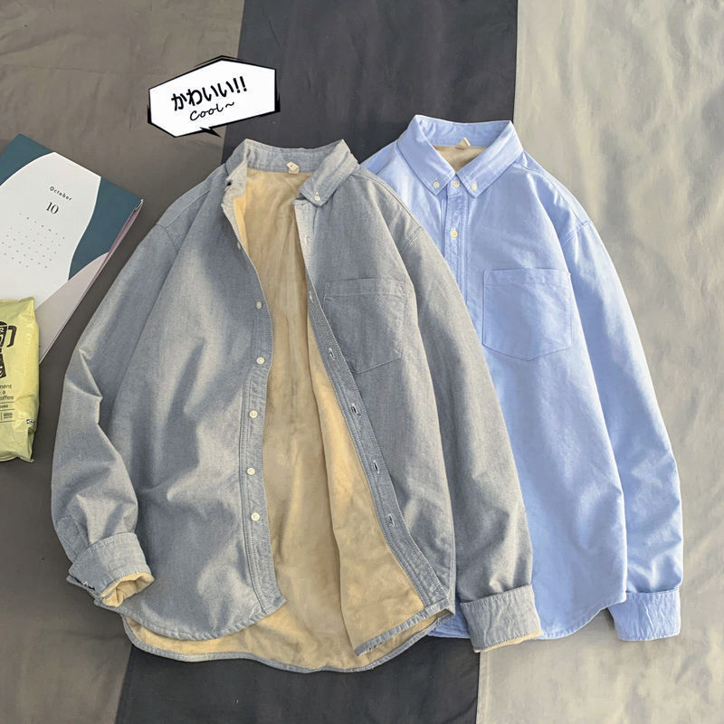 Muška košulja od Oxford tkanine s dugim rukavima, flis podstava, debela pamuk, casual slim-fit, modern stil