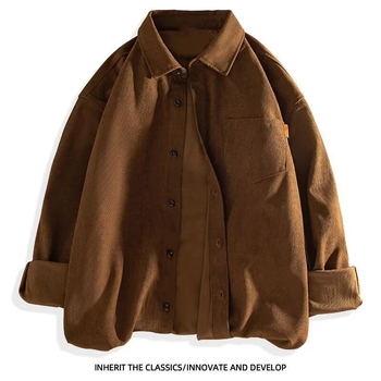 Cămașă de bărbați din corduroy, mâneci lungi, guler pătrat, țesătură groasă, buzunare și broderie