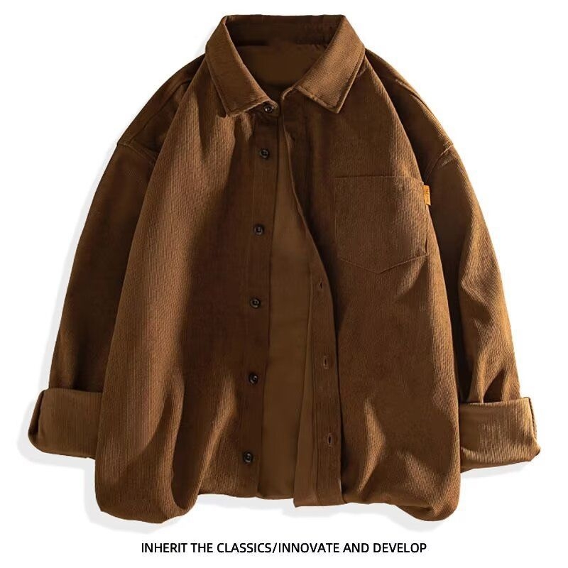 Cămașă de bărbați din corduroy, mâneci lungi, guler pătrat, țesătură groasă, buzunare și broderie