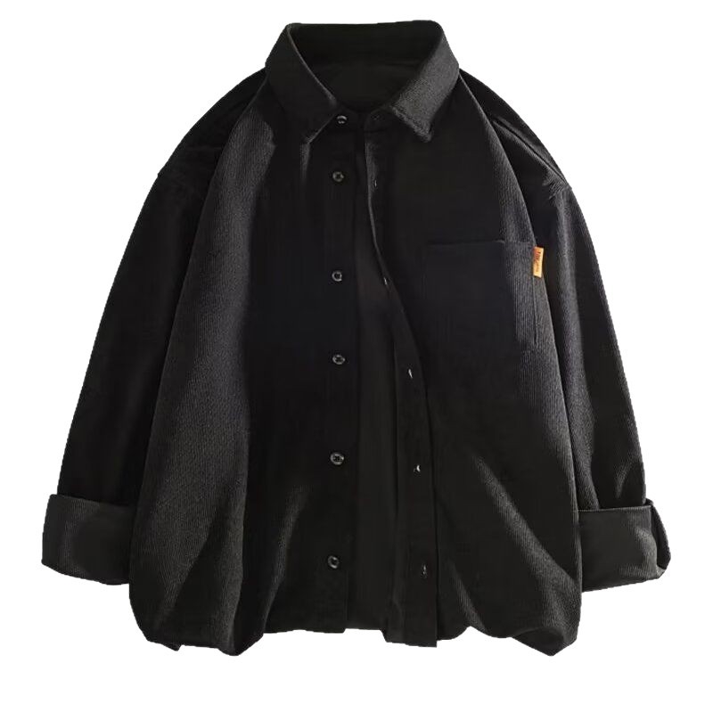 Cămașă de bărbați din corduroy, mâneci lungi, guler pătrat, țesătură groasă, buzunare și broderie