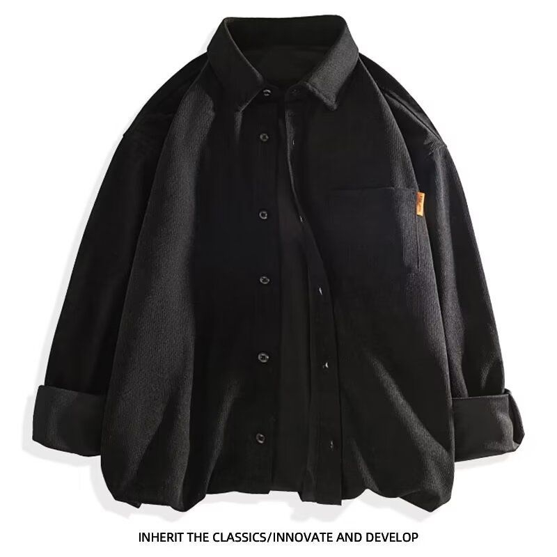 Cămașă de bărbați din corduroy, mâneci lungi, guler pătrat, țesătură groasă, buzunare și broderie