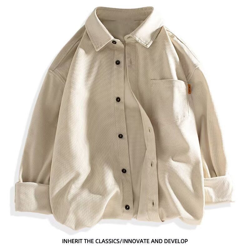 Cămașă de bărbați din corduroy, mâneci lungi, guler pătrat, țesătură groasă, buzunare și broderie