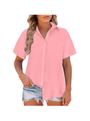 Damska bluza slobodnog kroja, Slub Cotton tkanina, pamuk, zapadni stil, kratki rukav, rever ovratnik