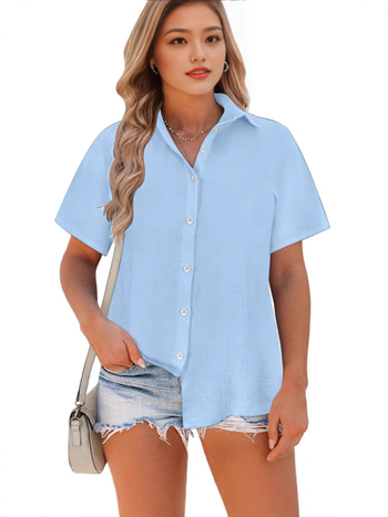 Damska bluza slobodnog kroja, Slub Cotton tkanina, pamuk, zapadni stil, kratki rukav, rever ovratnik