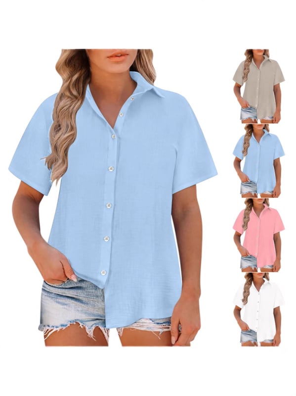 Damska bluza slobodnog kroja, Slub Cotton tkanina, pamuk, zapadni stil, kratki rukav, rever ovratnik