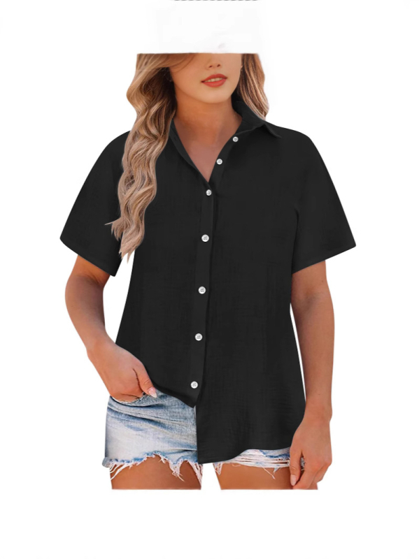 Damska bluza slobodnog kroja, Slub Cotton tkanina, pamuk, zapadni stil, kratki rukav, rever ovratnik