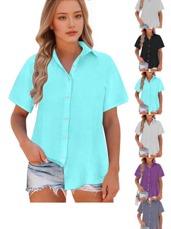 Damska bluza slobodnog kroja, Slub Cotton tkanina, pamuk, zapadni stil, kratki rukav, rever ovratnik