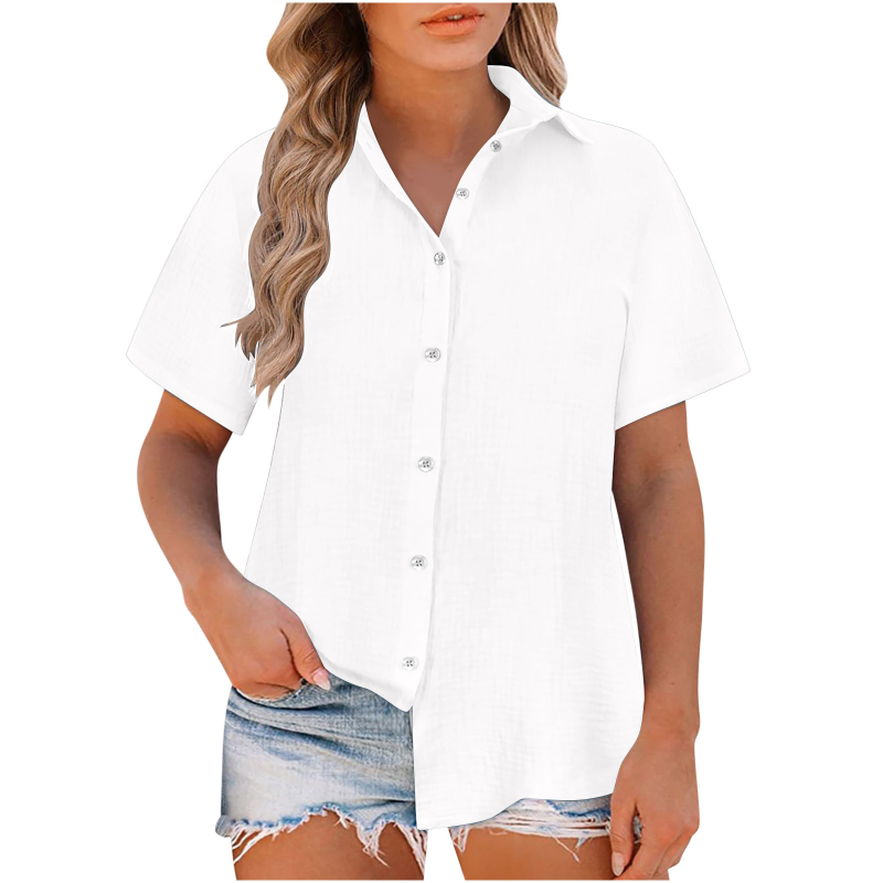 Damska bluza slobodnog kroja, Slub Cotton tkanina, pamuk, zapadni stil, kratki rukav, rever ovratnik
